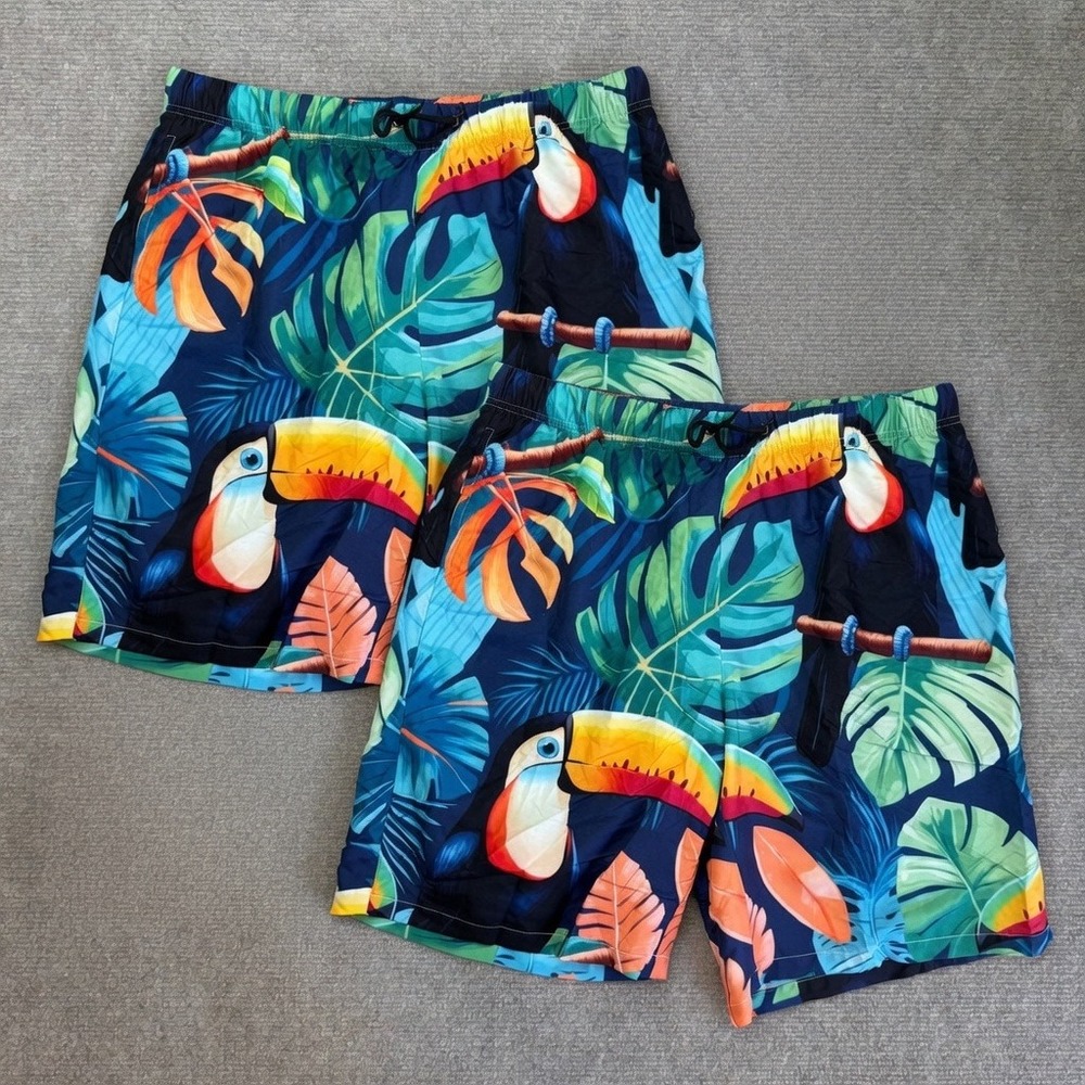 Set of 2 Men's L Toucan Swim Trunks Quick Dry Beach Shorts Mesh Lining with‎ Poc